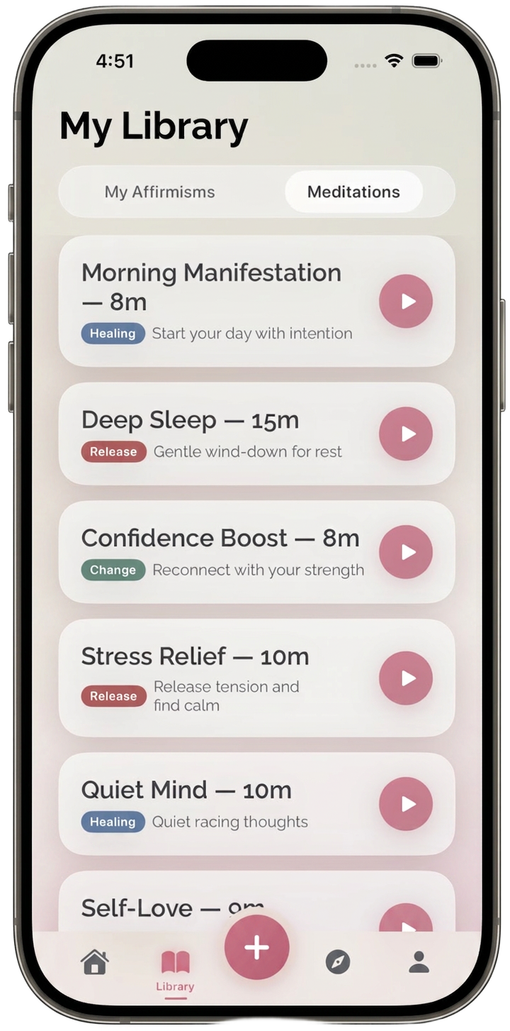 My Library screen with affirmisms and meditations