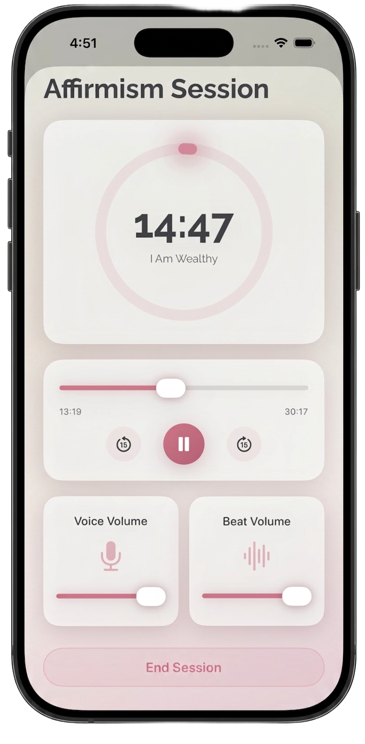 Affirmism session screen with dual volume controls