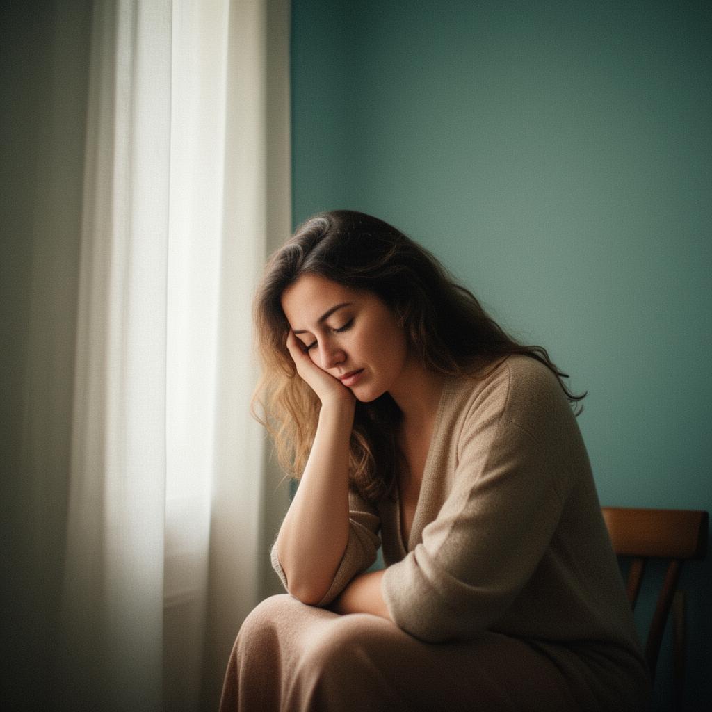 A highly sensitive woman resting quietly by a softly lit window